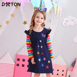 Dxton Girls Long Sleeve Dress Children Winter Clothing Rainbow Kids es Butterfly for Baby Girl Clothes 2-8 Year 220106