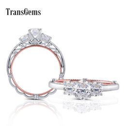 Transgems 14k 585 White and Rose Gold Main 0.6ct 4X6mm F Colour Oval Moissanite 3 Stone Engagement Ring for Women with Accents Y200620