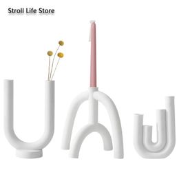 Nordic Creative White Ceramic Candlestick INS Flower Vase Candle Holders Tealight Table Centrepiece Home Decoration Gift LJ201018
