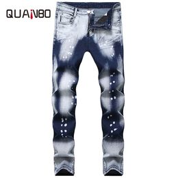 QUANBO Men Biker Jeans New Autumn Winter Fashion Wash Two-tone White Dot Jeans Straight Slim Fit Men's Denim Trousers 38 40 201116