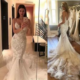 New Modern Sexy Mermaid Wedding Dresses Illusion Spaghetti Straps V Neck Lace Appliques Beads Crystal Backless Custom Formal Bridal Gowns