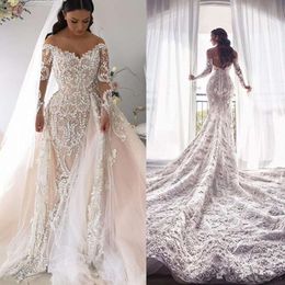 Mermaid Dresses Long Sleeves Elegant Off The Shoulder Lace Applique Overskirt Tulle Embroidery Wedding Gowns Vestido De Novia 403