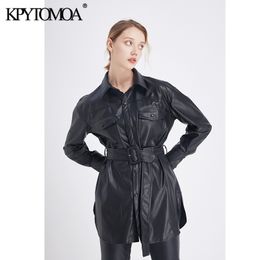 KPYTOMOA Women Fashion PU Faux Leather With Belted Jacket Coat Vintage Long Sleeve Pockets Side Vents Female Outerwear Chic Tops 210201