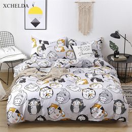 Cotton Duvet Cover Set Double Queen King Grey Cute Cartoon Cat Bedspread Single Bed sheet Pillowcases 4pcs Bedding set Family 201021