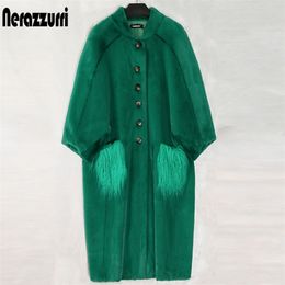 Nerazzurri Oversized green long fluffy faux fur coat women bat sleeve with mongolian fur pockets Furry coats Plus size fashion 201215