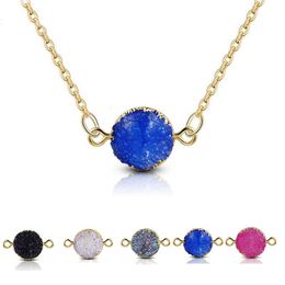 Elegant Round Druzy Resine Stone Necklace for Women Gold Sapphire Quartz Circle Charm Necklaces Round Flat Back Dome Cabochons Chain Jewelry Gift