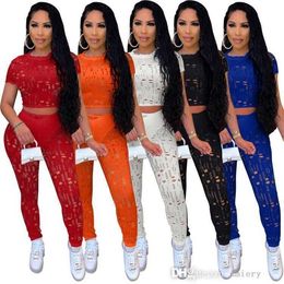 Women Two Piece Pants Set Designer Hollow Out Outfits Solid Short Sleeve Tops Sweaters Ladies Plus Size Casual Jogger Suit