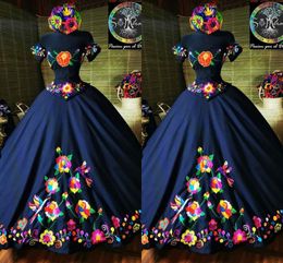 2022 Fashion Charro Mexico Quinceanera Dresses Navy Blue Embroidered Off The Shoulder Satin Corset Back Sweet 15 Girls Prom Dress Custom