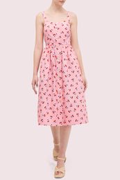 2020 Spring Summer Spaghetti Strap Square Neck Pink Cherry Print Cotton Single Breasted Mid-Calf Dress Women Fashion Dresses S2718128