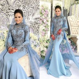 luxury blue wedding dresses saudi arabia crystal beads high neck long sleeves mermaid bridal gowns gorgeous ruched satin robe de marie