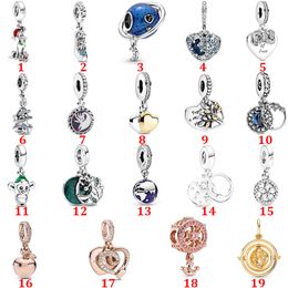 Genuine 925 Sterling Silver Fit Pandora Bracelet Charms Earth Crescent Dark Blue Moon Sky Apple Style Beads Love Heart Blue Crysta Charm For DIY Beads Charms