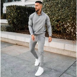 Mens Tracksuits Spring and Autumn Striped High Street Hip Hop Stand Collar Zipper Jacket Outdoor Fitness Jogging Training Sports Suit