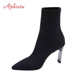 Aphixta Siyah Örme Elastik Kadın Çorap Çizmeler Ayakkabı Zarif Metal Ince Yüksek Topuk Sivri Burun Ayak Bileği Çizmeler Kadın Y1209