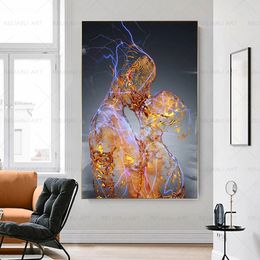 Abstract Metal Couples Statue Art Canvas Prints Painting Romantic Sculpture Wall Art Poster Picture for Living Room Decoration