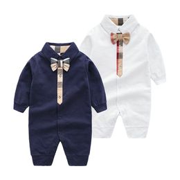 100%cotton 0-2 years INS infant Rompers baby boys and girls Turn-down Collar Bow-knot gentleman Jumpsuits jumpsuits kids clothing