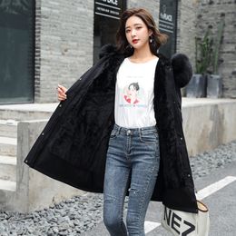 Women Padded Coat Hooded Mid-length Big Fur collar Down Cotton Liner Jacket Female Thick Winter Plus size Outerwear Warm 201110