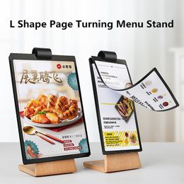 L Shape Page Turning Vertical Slant Back Wood Menu Sign Holder Picture Photo Frames Flyer Document Paper Display Stand