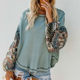 PEONFLY Women Pullovers Knitted Sweater Boho Printed Long Bell Sleeve O-Neck Pullovers Loose Jumper Female Streetwear Roupas LJ200818