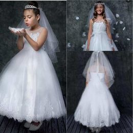 2020 New Arrival Ball Gown White Flower Girls Dresses For Wedding Ankle Length Tulle Lace Appliques Beaded Girls Party Cummunicate Gowns