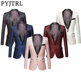 PYJTRL Men Pink Royal Blue Burgundy Floral Jacquard Suit Jacket Wedding Groom Prom Slim Fit Tuxedo Party Dinner Singers Blazers 201004