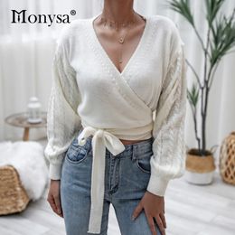Lantern Long Sleeve Twist Sweaters For Women Fall Winter V Neck Lace Up Wrap Knitted Sweater Ladies Fashion Casual Sweater 201128