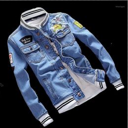 Men's Jackets Men Badge Patch Denim Jacket Autumn Cool Trendy Mens Jean Casual Coat Outwear Stand Collar Motorcycle Cowboy Jackets1