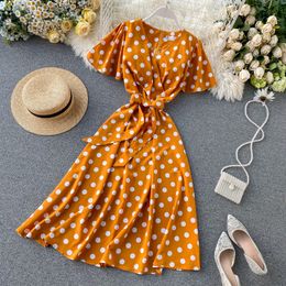 2020 Slim Vintage Polka Dot Print Bandage V Neck Summer Midi Long Dress Party Women Elegant Beach A-Line dress Vestido De Festa Y0118