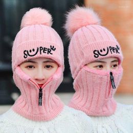 Women Bib Knitted Hat Double Layer With Plush Inside Thickened Warm Winter Gifts Bonnet Beanie Caps Outdoor Riding Sets1
