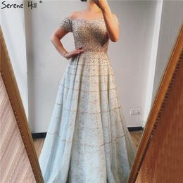 Serene Hill Silver Off Shoulder Short Sleeve Evening Dress 2020 Dubai A-Line Beading Diamond Formal Party Gown LJ201123