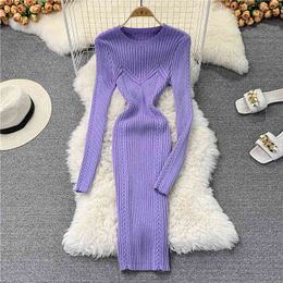 SINGREINY New Autumn Korean Knitted Dress Women Elastic Slim Long Sleeve Sheath Dresses 2021 Winter Warm Bodycon Sweater Dress Y220214