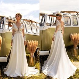 Chic Long Sleeves A Line Wedding Dresses Custom Made Appliqued Lace Bridal Gowns Gorgeous Sweep Train Cheap Soft Tulle Robes De Mariée