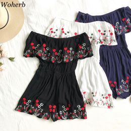 Woherb Bohemia Off Shoulder Jumpsuit Women Vintage Floral Embroidery Boho Slash Neck Vintage Wide Leg Playsuit Femme 21833 T200704