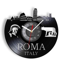 Italy Roma Vintage Retro Style Wall Clock Travel European Wall Art Home Decor Rome Vinyl Album Re-purposed Record Clock Watch H1230