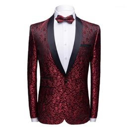 Men's Suits & Blazers Brand Men Shawl Collar Wine Red Casual Suit Jacket Prom Party Blazer Man Coat Hombre Slim Fit Floral Masculino1