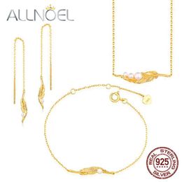Bracelet, Earrings & Necklace ALLNOEL Natural Pearl Jewellery Set For Women Genuine 925 Sterling Silver Gold Chain 14K Bracelet Fine Jewelry