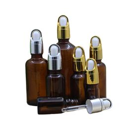 Brown Glass Essential Oil Empty Bottle 5ml 10ml 15ml 20ml 30ml 50ml 100ml Gold Silver Cap White Rubber Top Portable Cosmetic Container Refillable Dropper Vials