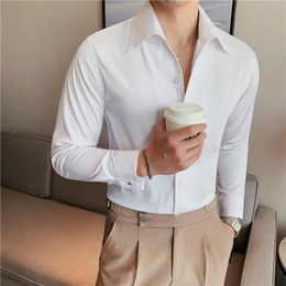 Men's Casual Shirts 2021 Autumn Long-sleeved Men Solid Color V-neck Slim Shirt Business Office Formal Dress Social Party Clothing