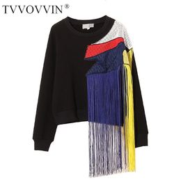 TVVOVVIN Autumn Winter streetwear New Europe Rainbow Tassel Patchwork Mesh Plus Down Thick Women's Sweatshirt Tops A479 201030
