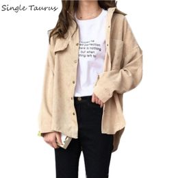 Corduroy Shirt Coat Women Fashion Long Sleeve Preppy Wide Waist Turn Down Collar Crop Jacket Women Harajuku Casual Pocket Jaket T200212