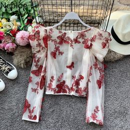 Neploe Gauze Short Zipper Slim Blusas Tops Retro 3D Butterfly Embroidery Shirt Women Puff Sleeve O-neck New Korean Blouses T200321