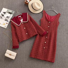 Women's Tracksuits High Quality Autumn Winter Tweed 2 Piece Set Women Outfits Elegant Plaid Short Jacket Coat + Woolen V Neck Vest Dress Sui