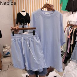 Neploe 2 Piece Set Women O Neck Short Sleeve T Shirts+Lace Up Stretch Waist Wide Leg Shorts Summer 2020 Fashion Korean Suits T200701