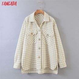 Tangada women beige plaid oversized tweed jacket 2020 pockets loose style long sleeve coats female outwear LJ201201