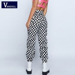 Vangull Women Checkerboard Plaid Joggers Pants Fashion Hip Hop High Waist Loose Pants Pantalon with Chain Female Plaid Trousers 201106