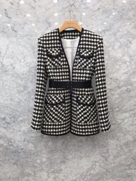 New design womens fashion v-neck long sleeve with belt slim waist black white houndstooth plaid grid tweed Woollen blazer suit coat plus size SMLXLXXL