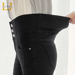 LEIJIJEANS autumn high waist slim ladies jeans button fly elastic waist legging jeans plus size stretchy black women jeans 201105