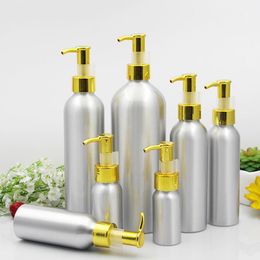 2021 Aluminium Lotion Pump Bottle Gold cap Metal Tin Emulsion Container Empty Cosmetic Packaging 30/50/100/120/150/250/500ml