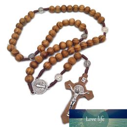 New Fashion Handmade Round Bead Catholic Rosary Cross Religious Brown Wood Beads Mens Rosary Necklace
