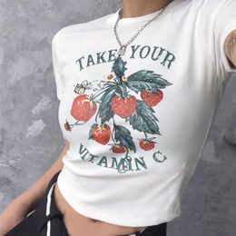 90s Vintage Cute T Shirt Casual Sweet Strawberry Print Crop Top Summer Harajuku Streetwear Kawaii Graphics Y2k Slim Letter Women