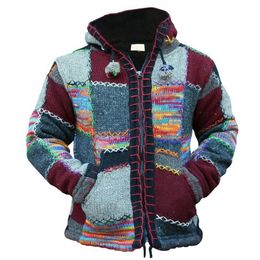 Laamei Vintage Cardigan con cappuccio Maglioni Giacca Uomo Autunno Patchwork Maglia Stile etnico Outwear Patch Felpe Cappotto Maglione 201211